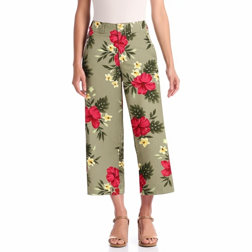 Havana Jack's Pants Cafe Size 10P Olive Green Tropical Floral Capris Boho Beach - Picture 1 of 9